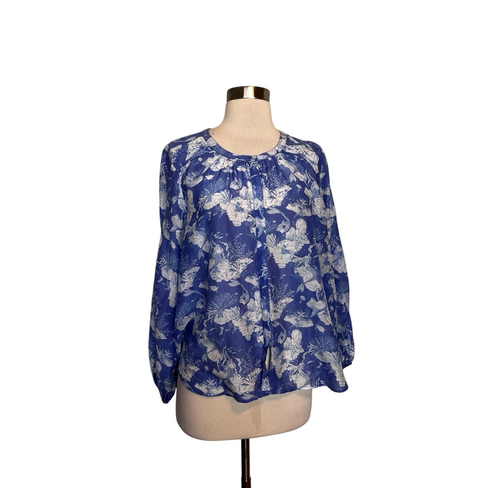 Love Shack Fancy Top XS Blue Mermaid Sea Motif Button Front Silk Blend